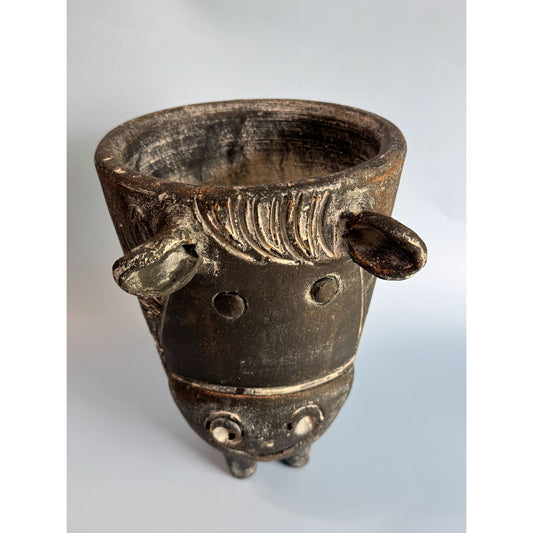 Handcrafted Volcanic Ash Cow Planter Rustic Black Distressed Finish Unique Animal Decor  9" x 6.5"
