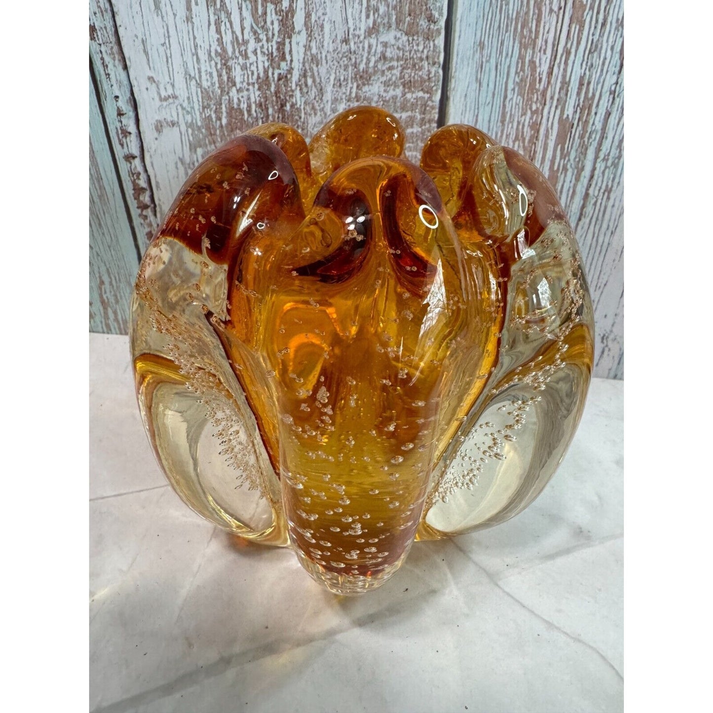 Stunning Tozai Home Amber Glass Bubble Vase Art Glass 5"