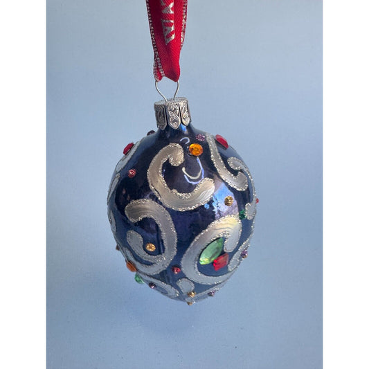 Waterford Sapphire Scroll Egg Jeweled Blown Glass Ornament Rare 1997 Handmade Collectible