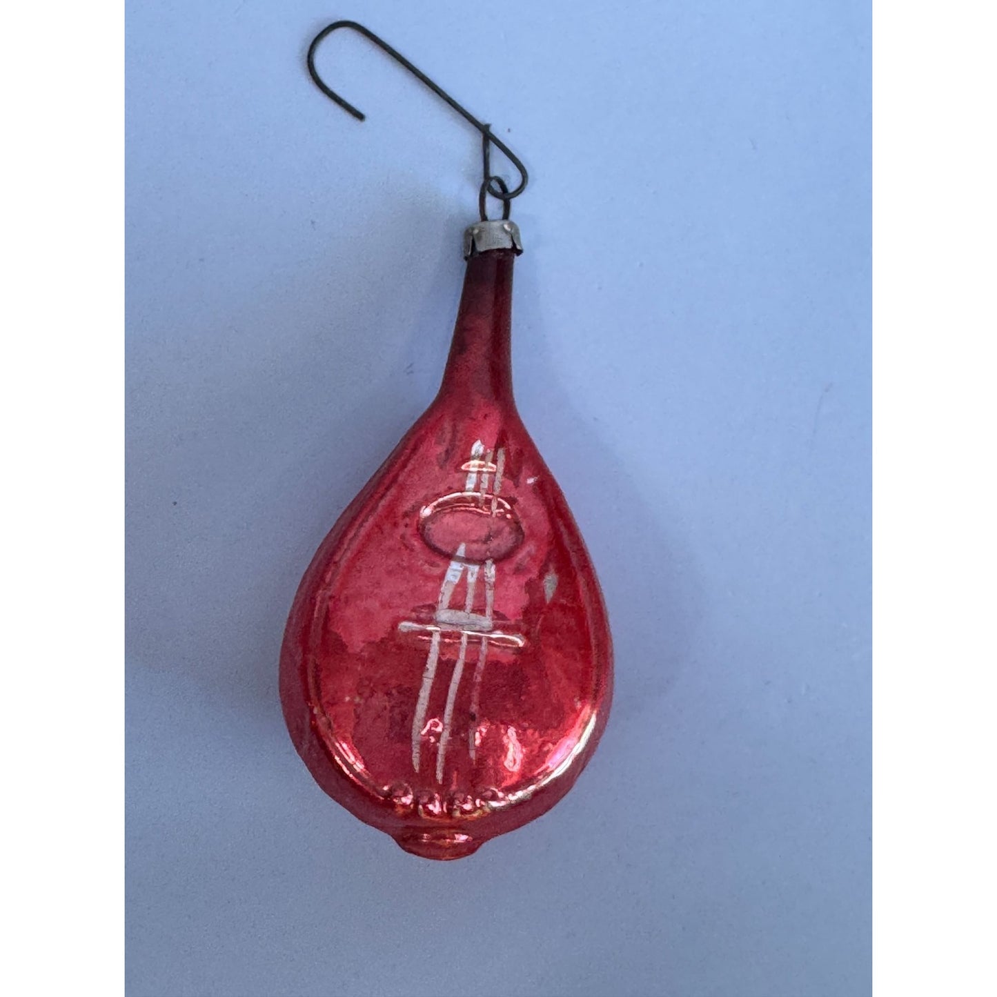 Vintage Red German Blown Glass Mandolin Ornament 3.5" With Silver Detailing