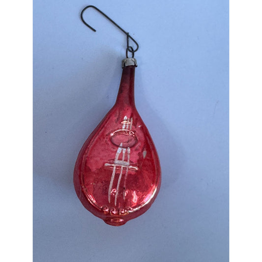 Vintage Red German Blown Glass Mandolin Ornament 3.5" With Silver Detailing