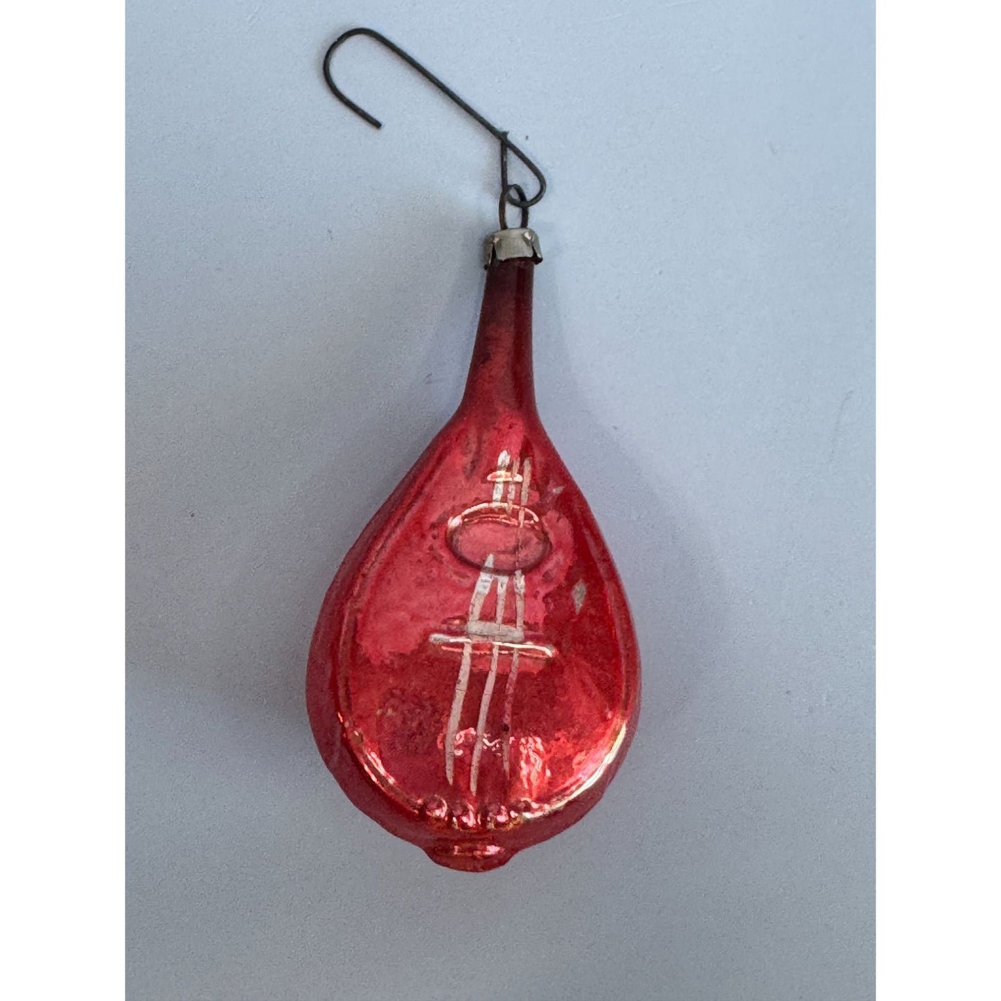Vintage Red German Blown Glass Mandolin Ornament 3.5" With Silver Detailing