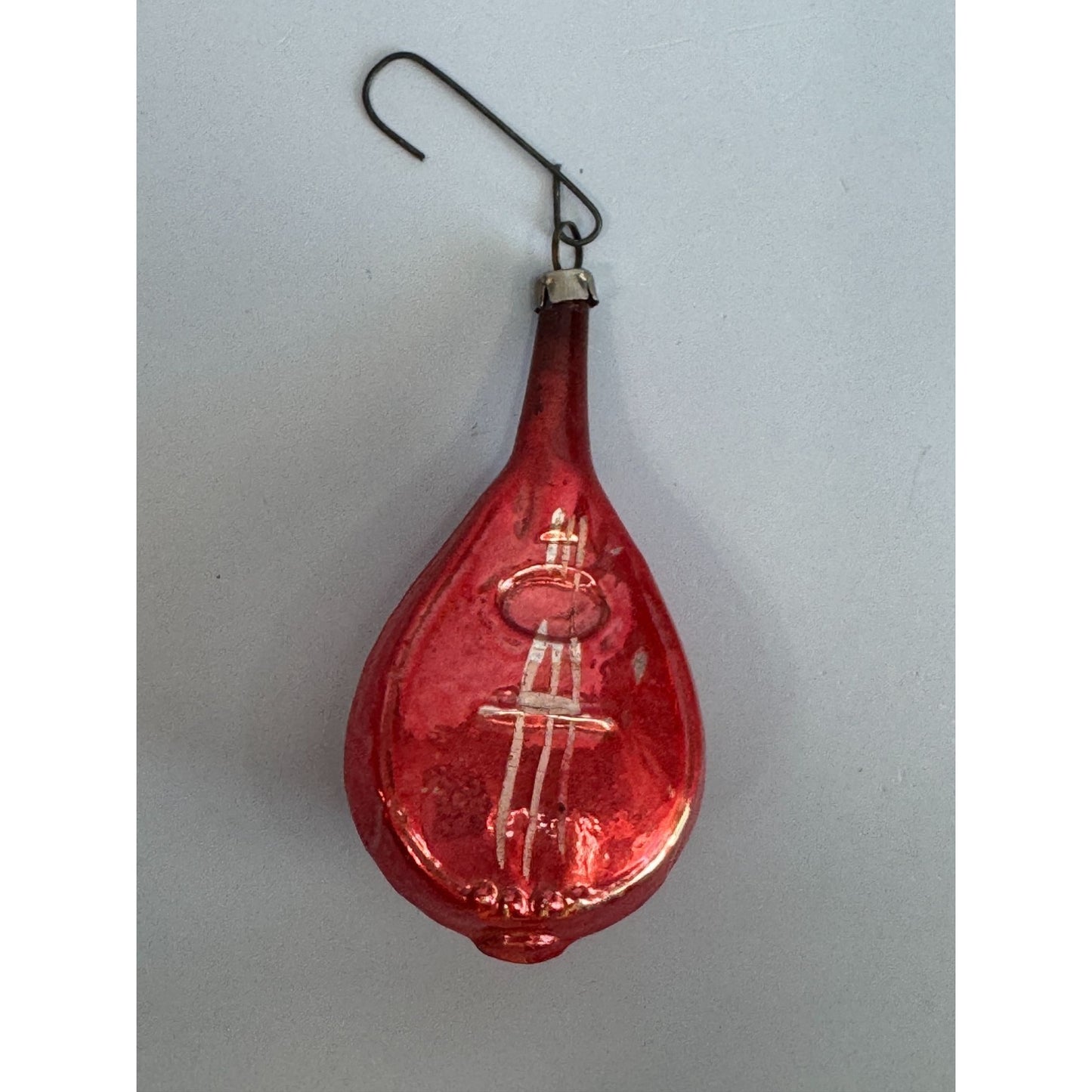 Vintage Red German Blown Glass Mandolin Ornament 3.5" With Silver Detailing