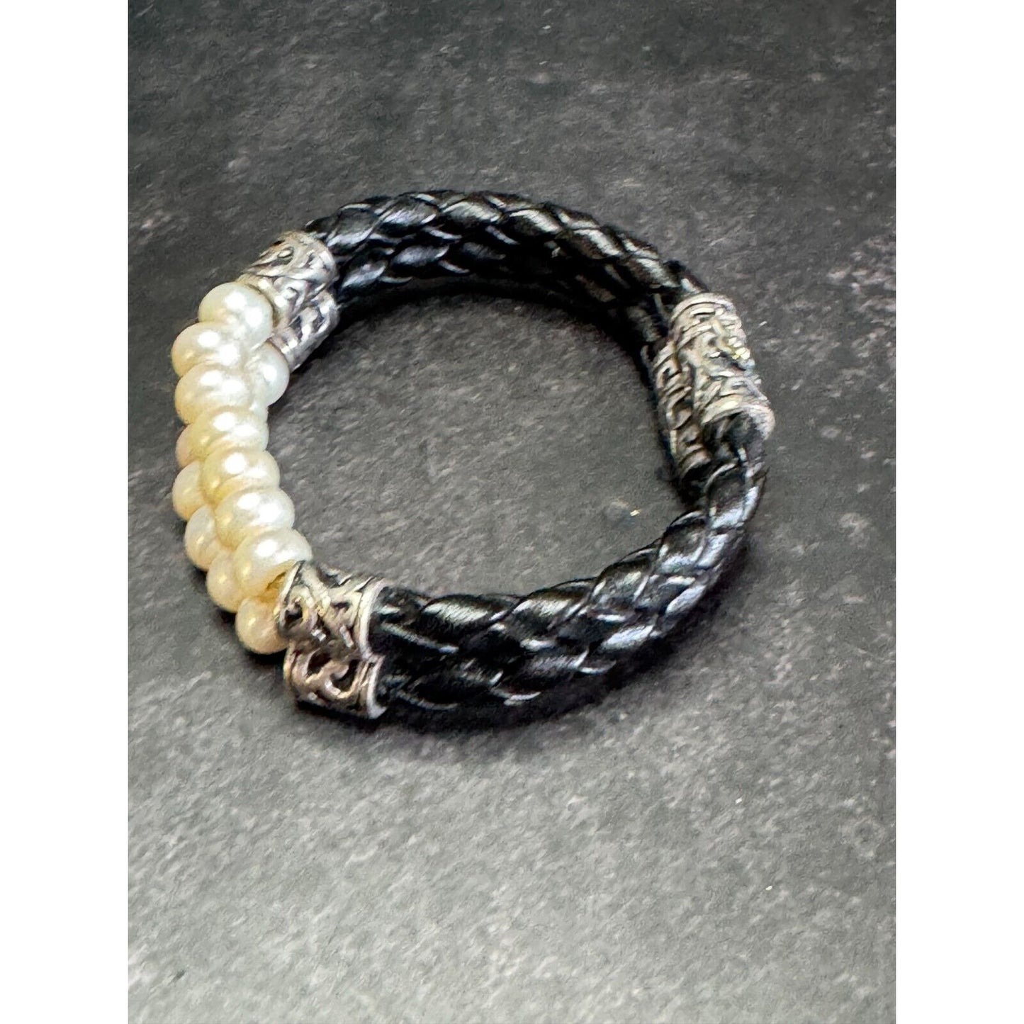 Double Strand Honora Genuine Pearl Sterling Silver Black Braid Leather Bracelet