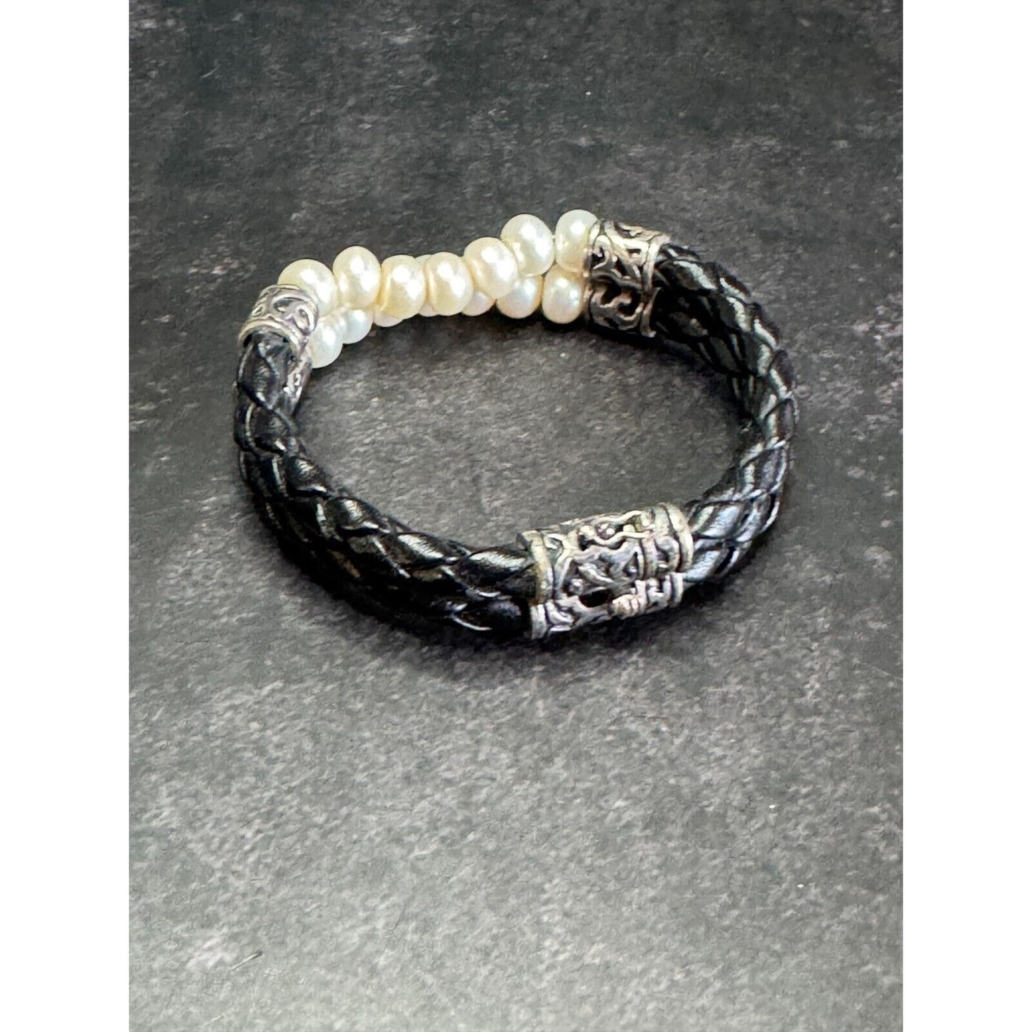 Double Strand Honora Genuine Pearl Sterling Silver Black Braid Leather Bracelet