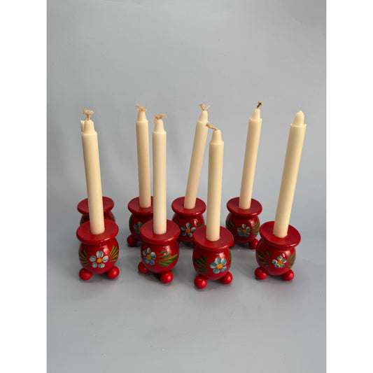 Set Of 8 Swedish Dala Handpainted Wooden Candle Holders W/ Candles Included