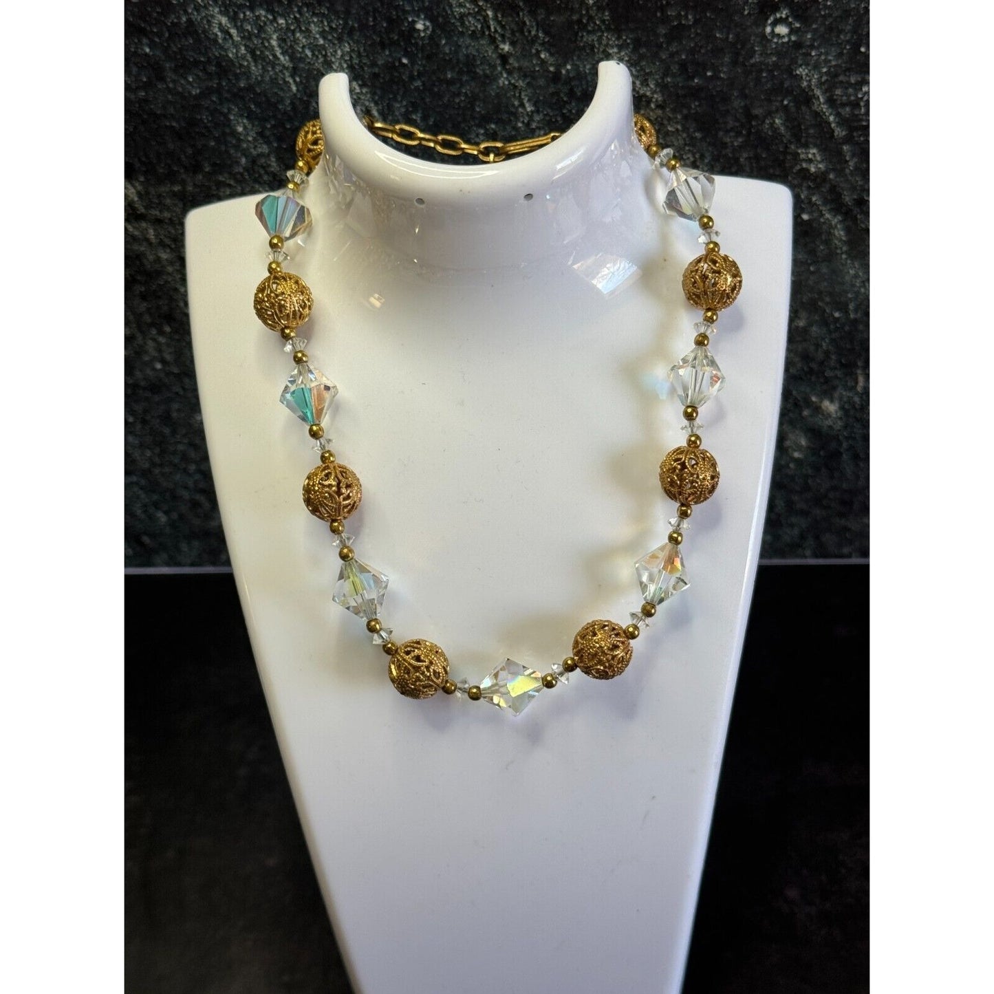 Vintage Choker with Gold Filigree and Aurora Borealis Beads C1950/1960