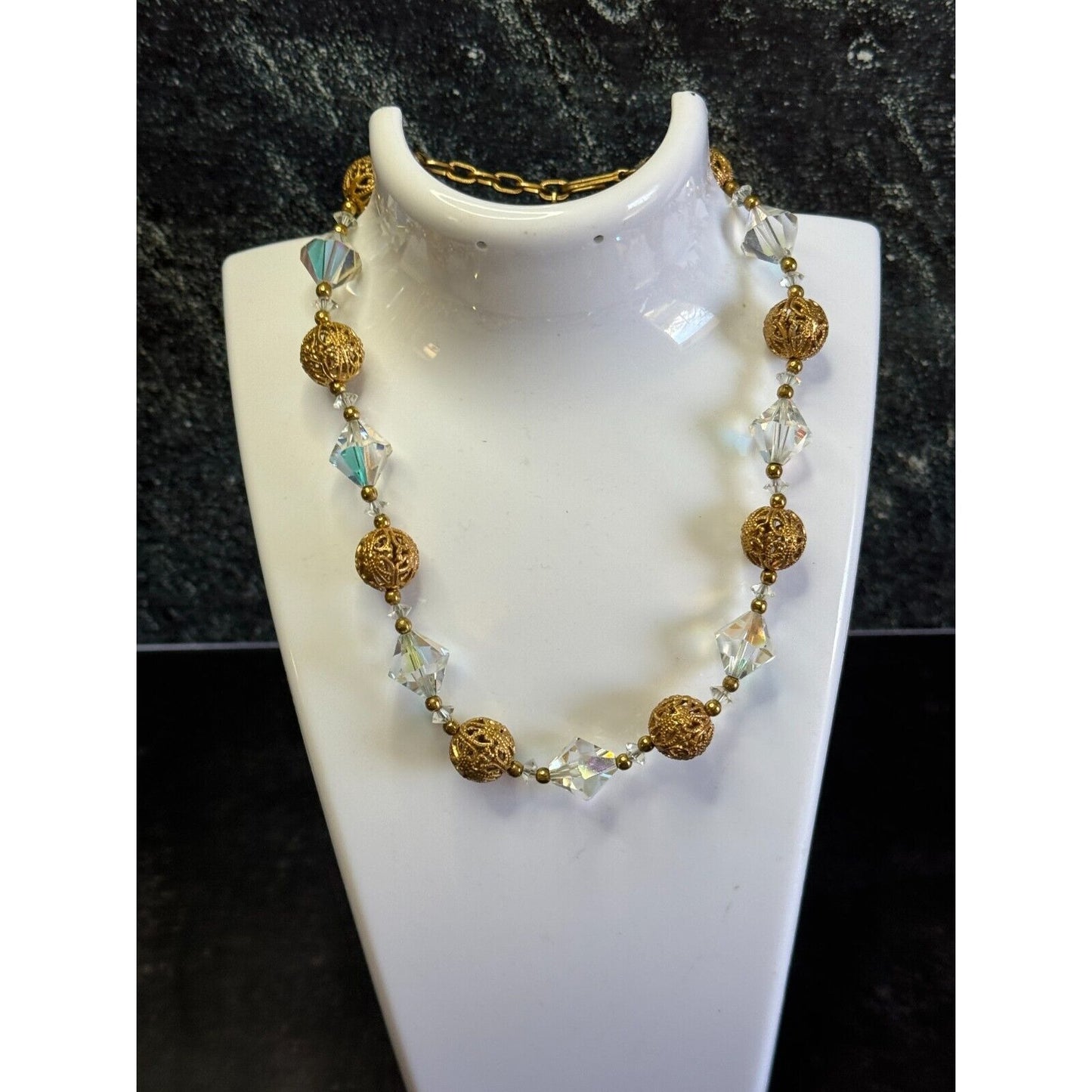 Vintage Choker with Gold Filigree and Aurora Borealis Beads C1950/1960