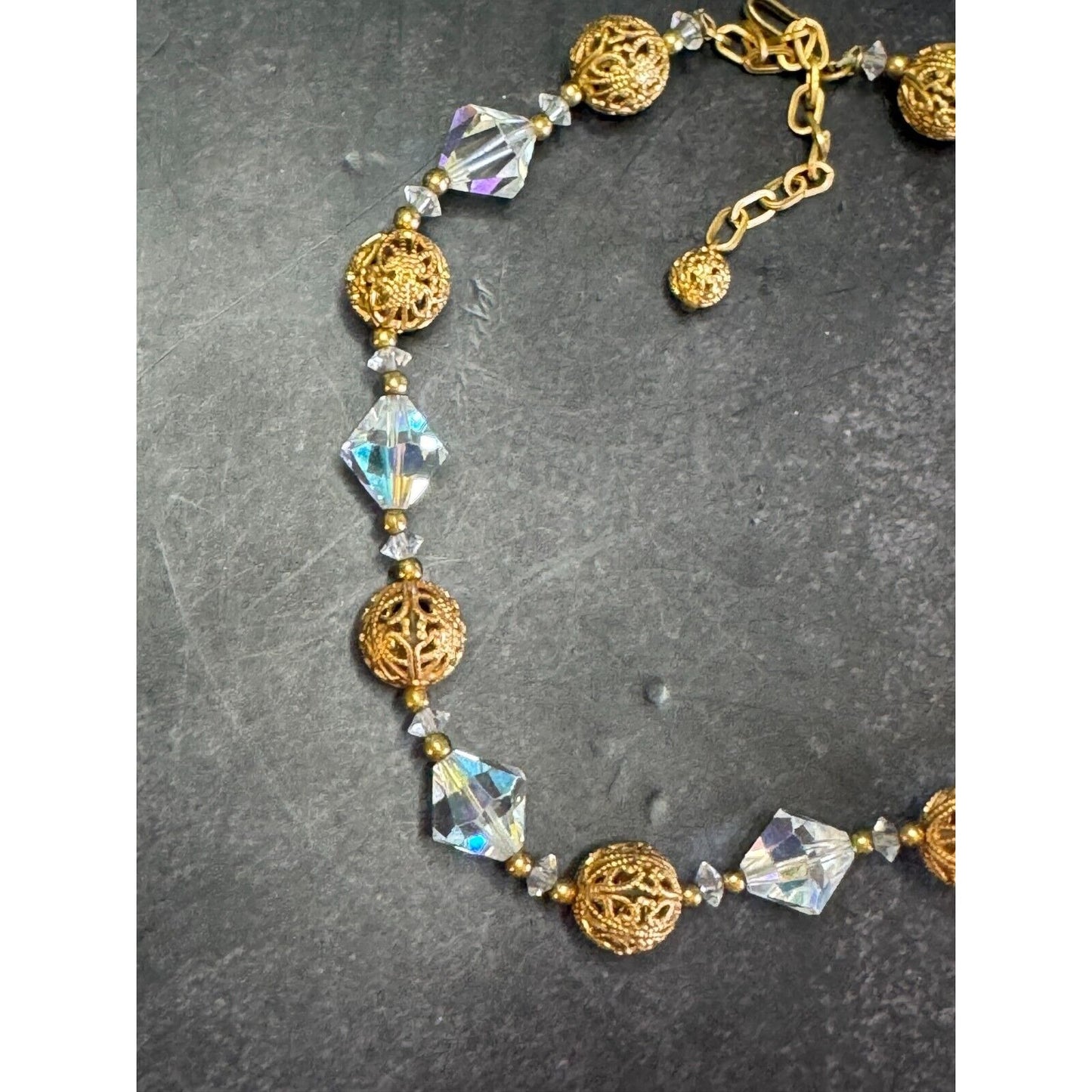 Vintage Choker with Gold Filigree and Aurora Borealis Beads C1950/1960