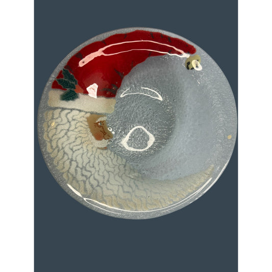 Peggy Karr Fused Glass Crescent Moon Santa 8.5" Bowl Handcrafted Holiday Decor
