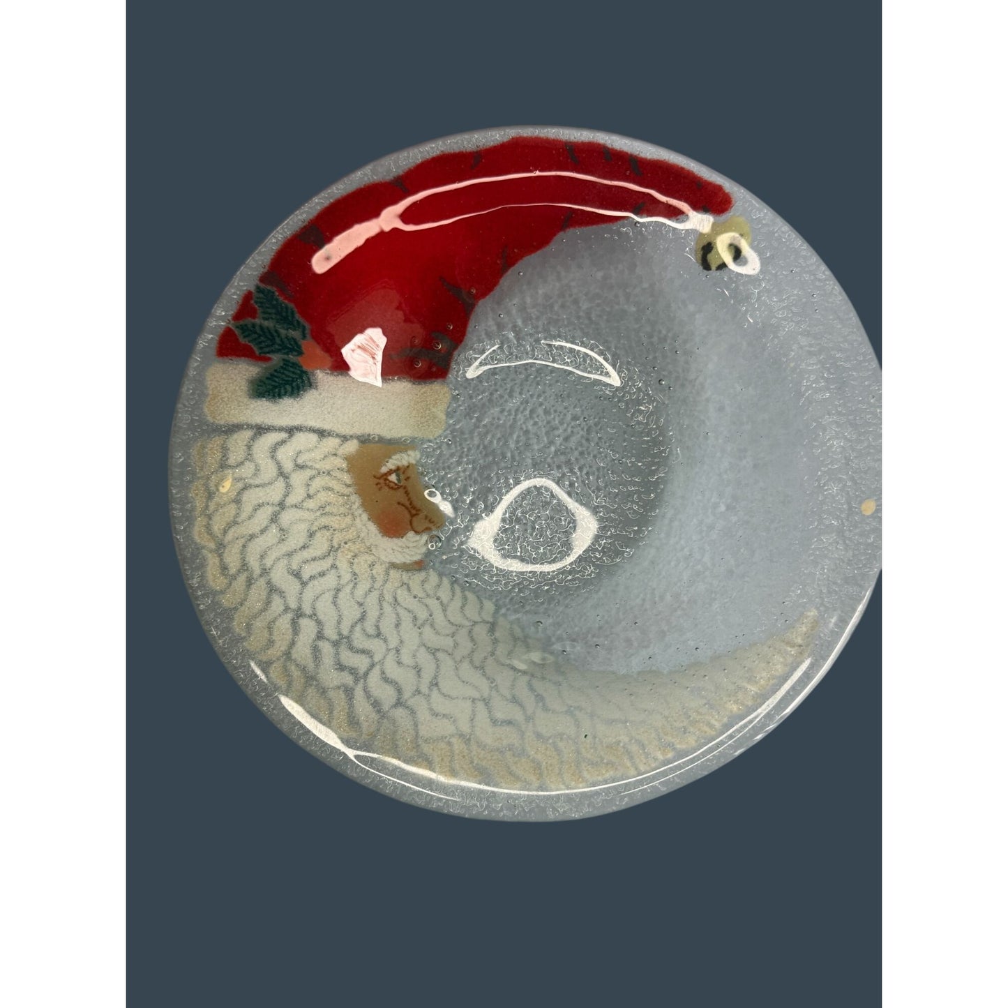 Peggy Karr Fused Glass Crescent Moon Santa 8.5" Bowl Handcrafted Holiday Decor