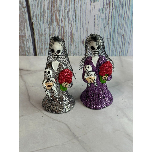 2 Glittered Catrina Frida Kahlo Day of the Dead Mexico Skeleton w/Veils Figures