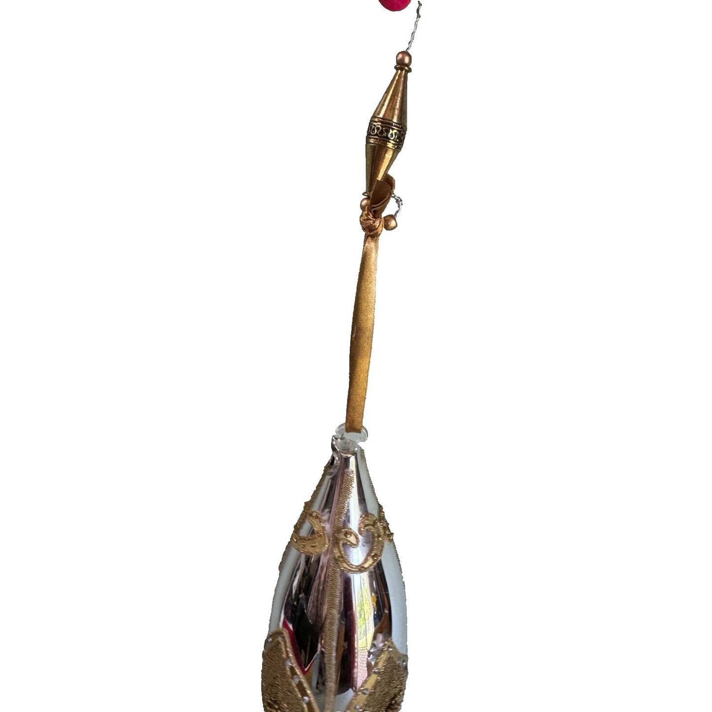 Large Blown Glass Silver Teardrop Ornament With Gold Glass Beading Accents 8 1/2