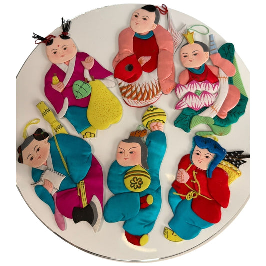 Set Of 6 Vintage Chinese Silk & Cardboard Ornaments Folk Figures 6" No Box