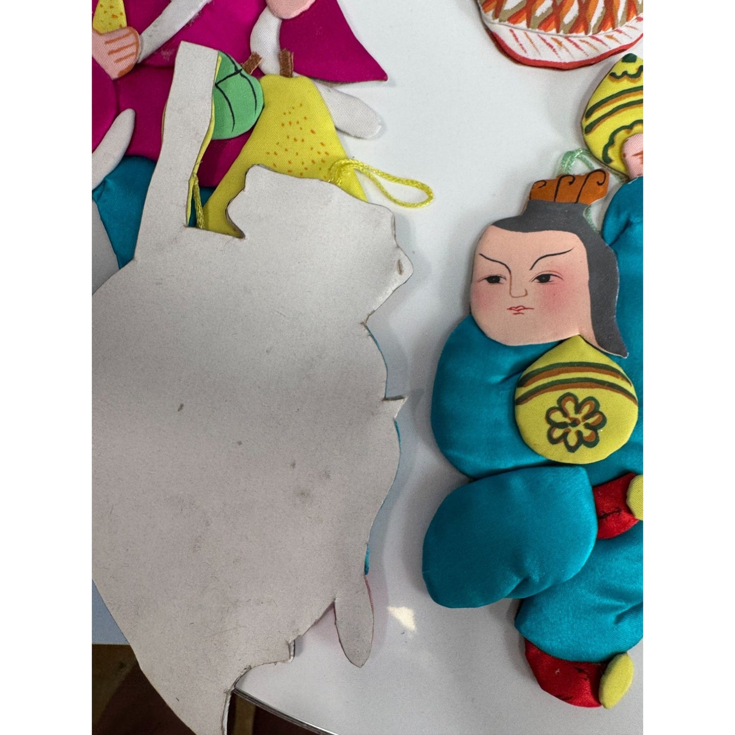 Set Of 6 Vintage Chinese Silk & Cardboard Ornaments Folk Figures 6" No Box