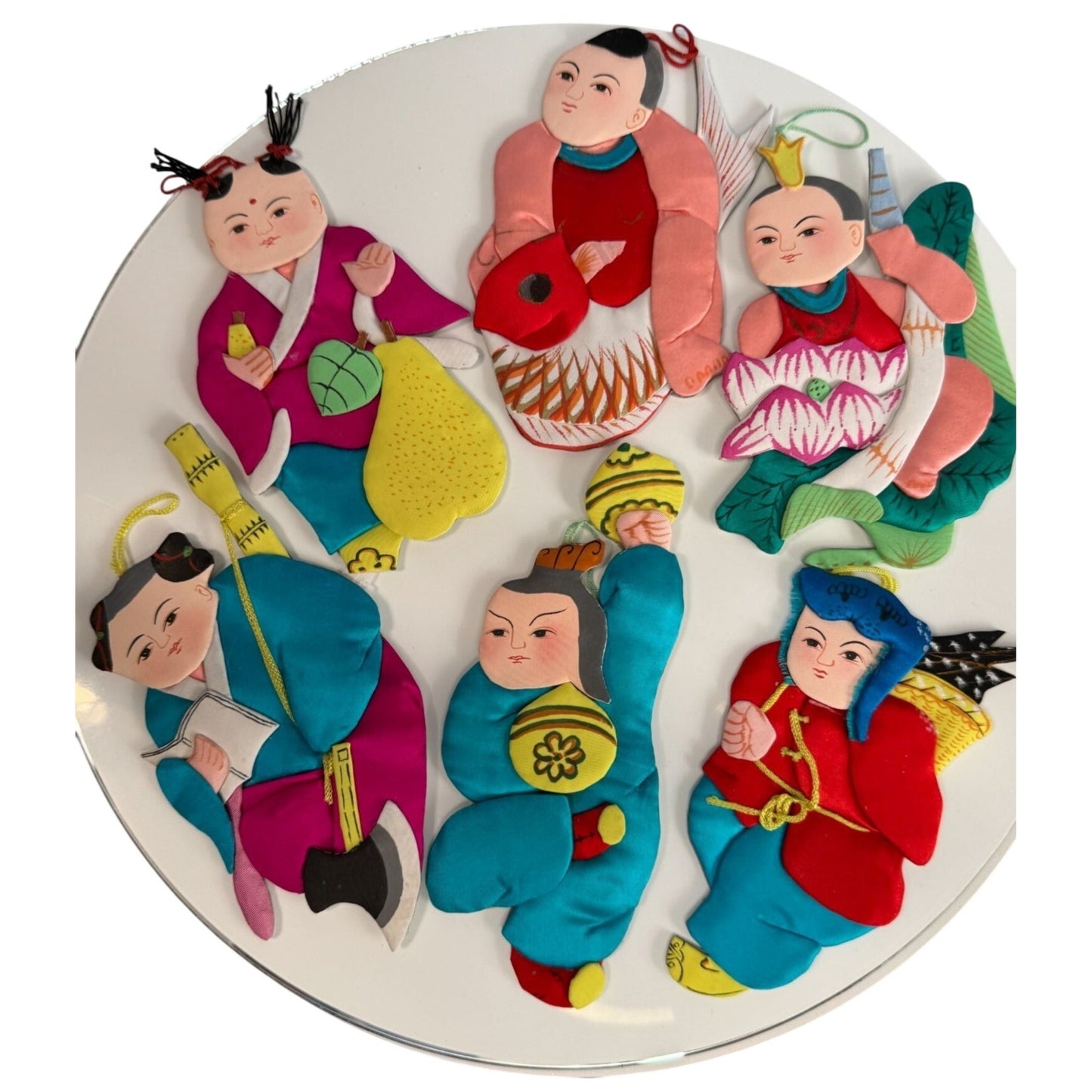 Set Of 6 Vintage Chinese Silk & Cardboard Ornaments Folk Figures 6" No Box