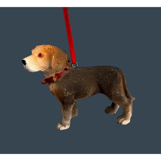 Beagle Dog Ornament Red Ribbon Ceramic Holiday Decor 3”