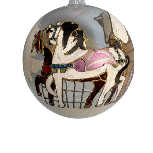 Austrian Blown Glass Ornament Embossed Painted Santa Sleigh Horse Scene 4" 1992