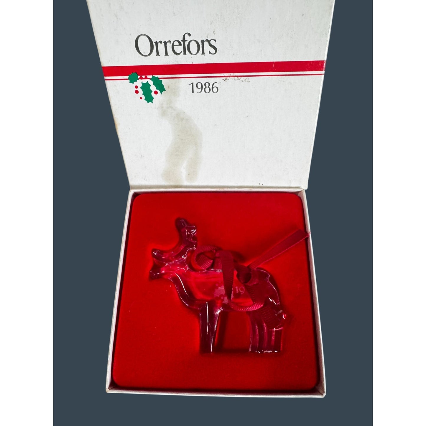 Orrefors Scandinavian Crystal Reindeer Christmas Ornament Clear 1986 With Box 3"