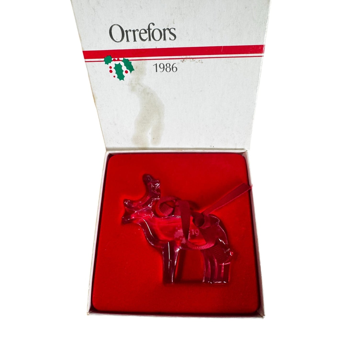 Orrefors Scandinavian Crystal Reindeer Christmas Ornament Clear 1986 With Box 3"