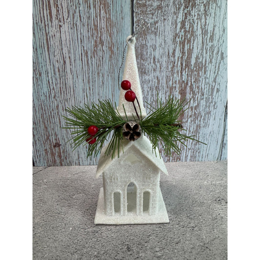 Glittery White Church Ornament With Pinecones & Berries 6 1/2"