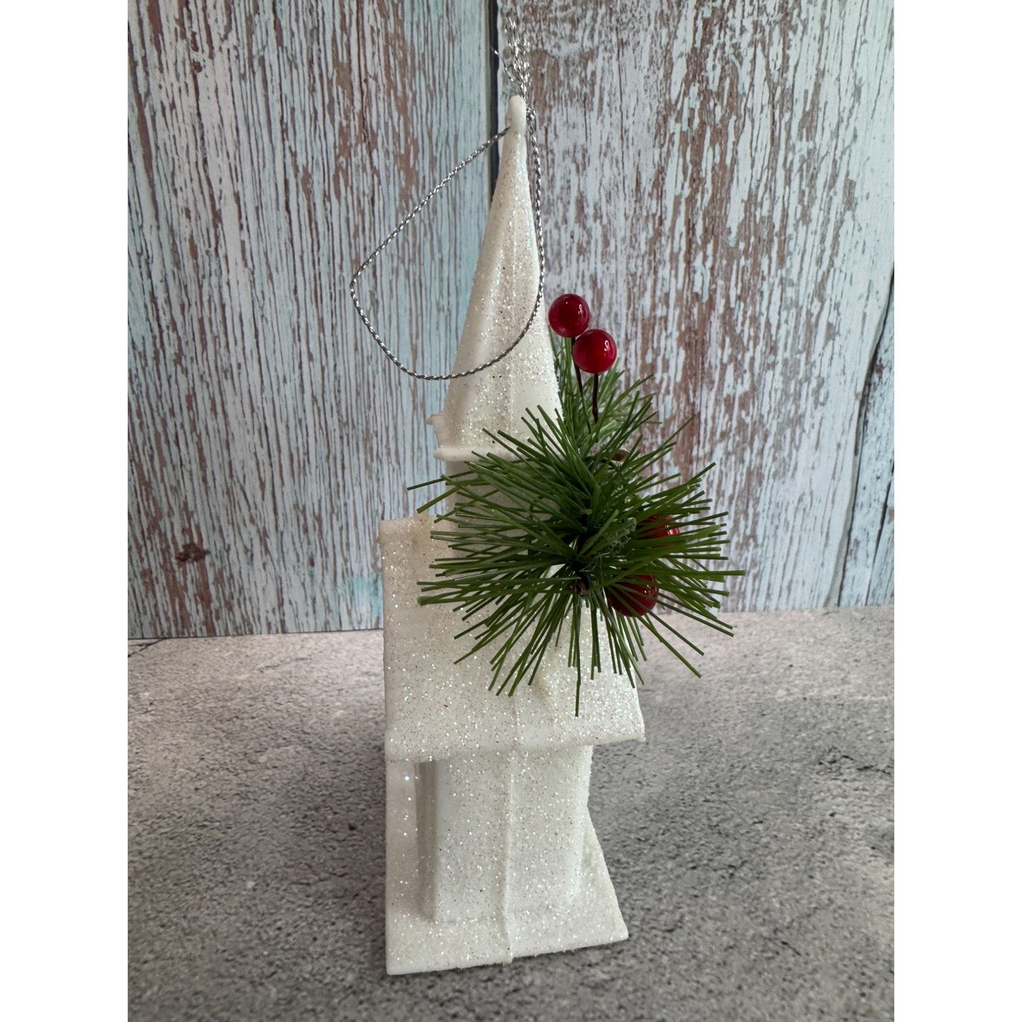 Glittery White Church Ornament With Pinecones & Berries 6 1/2"