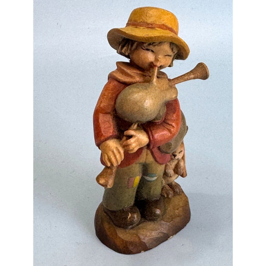 Vintage ANRI Italy Wood Carved Boy Bagpipes Figurine w/ Bunny 3 1/8"