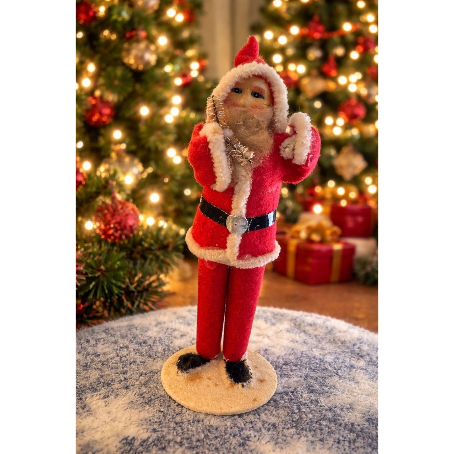 Vintage Japan Santa Claus Bottle Brush Tree Spun Cotton Beard Plastic Face 6"