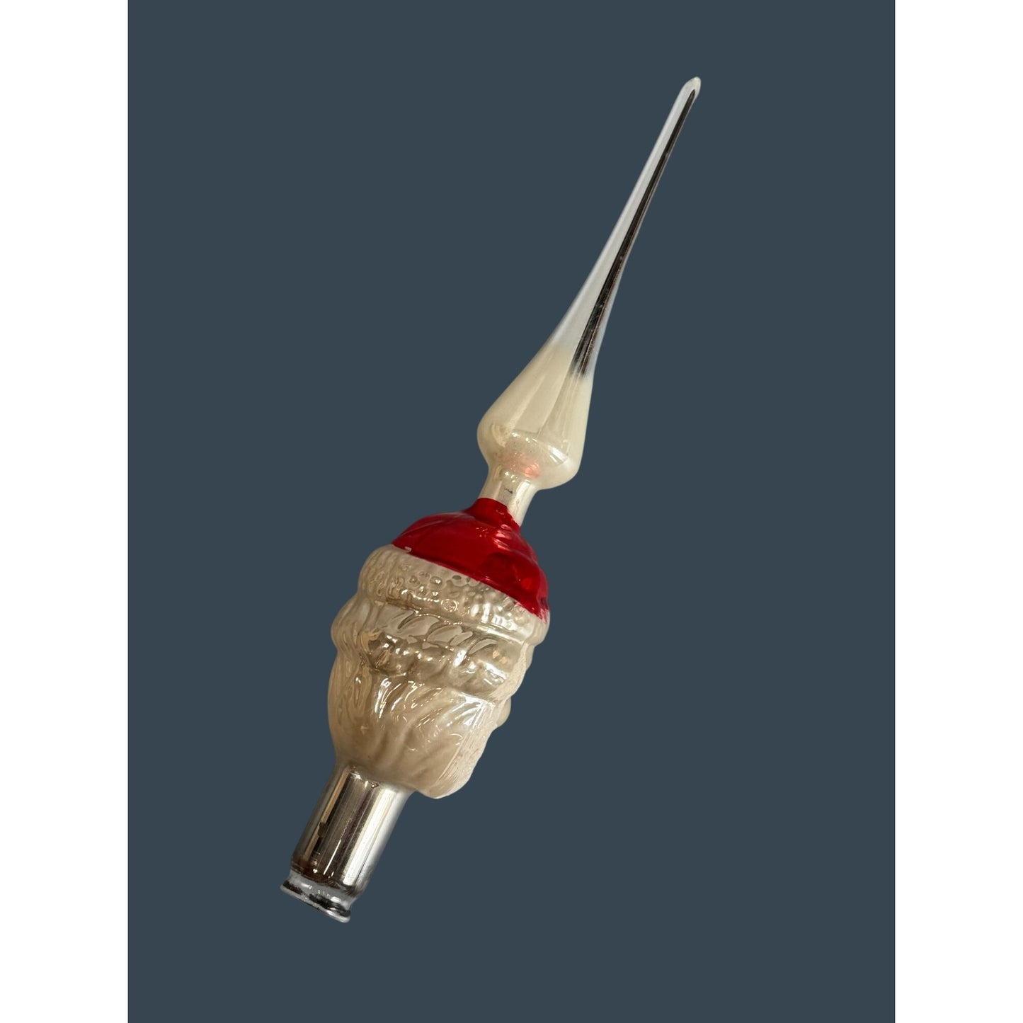 Vintage Glass Santa Head Tree Topper Silver Finial Red White Blue Eyes 9.5"