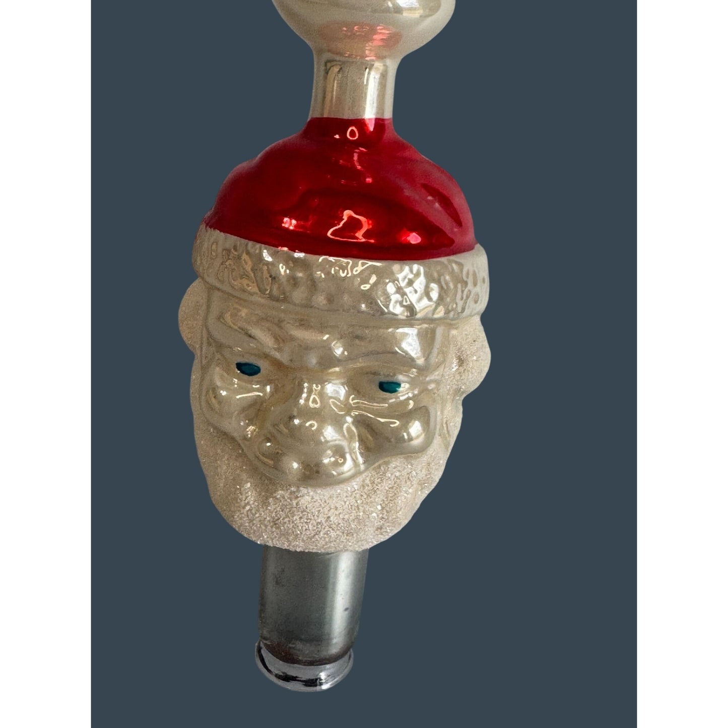Vintage Glass Santa Head Tree Topper Silver Finial Red White Blue Eyes 9.5"