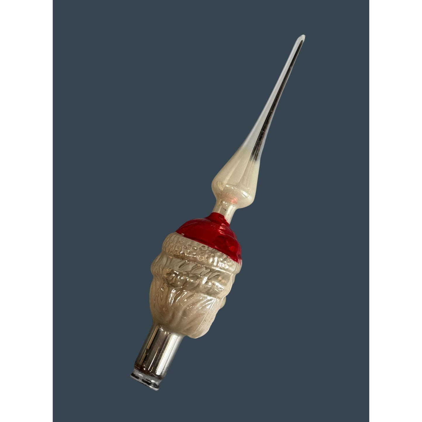 Vintage Glass Santa Head Tree Topper Silver Finial Red White Blue Eyes 9.5"