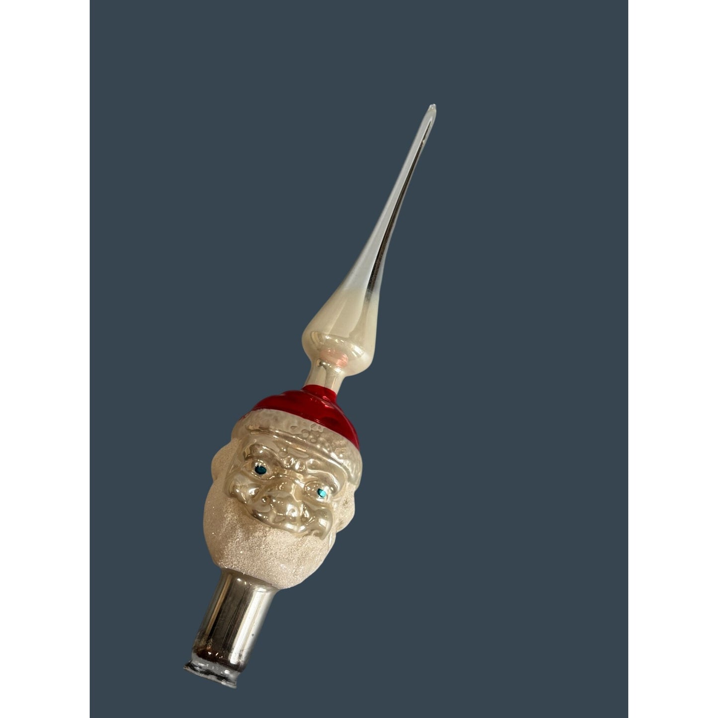 Vintage Glass Santa Head Tree Topper Silver Finial Red White Blue Eyes 9.5"