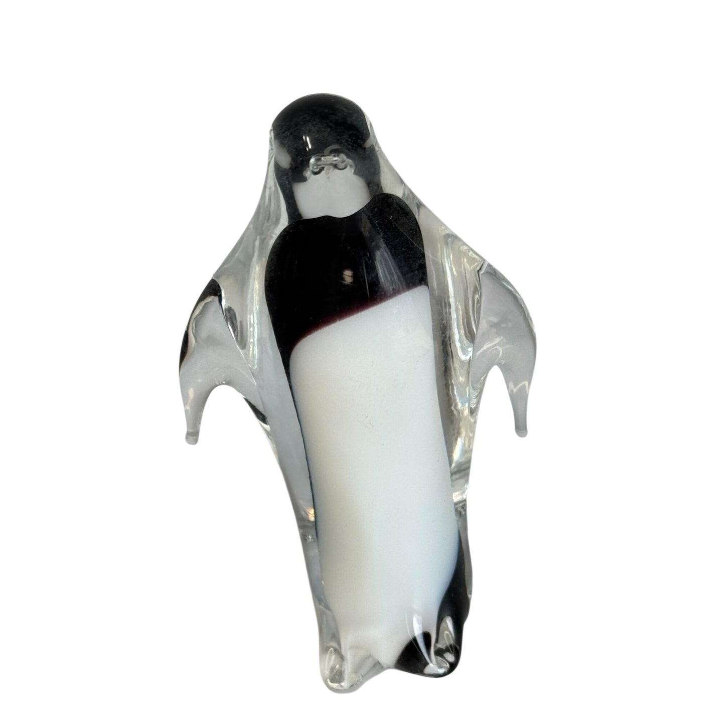 Hand Blown Art Glass Penguin Figurine Clear Encased Black White 4 1/2"