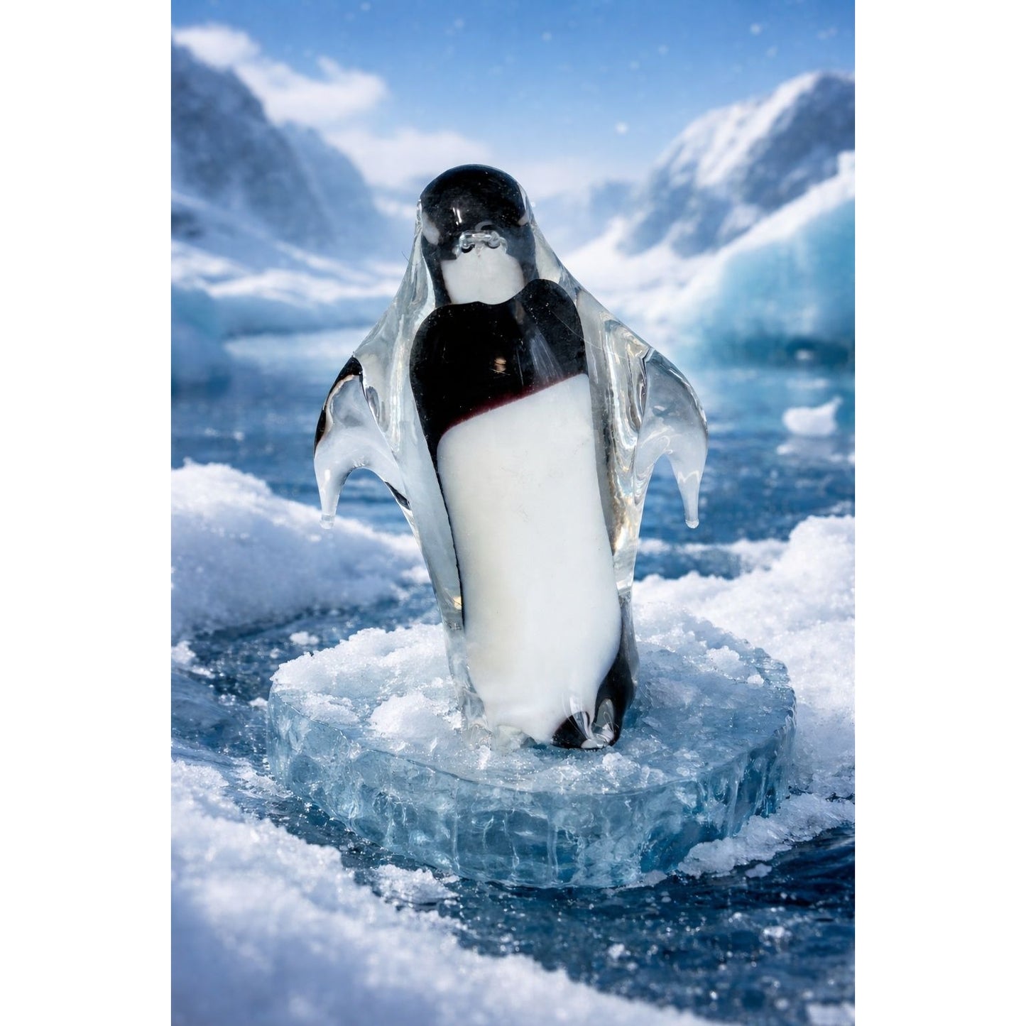 Hand Blown Art Glass Penguin Figurine Clear Encased Black White 4 1/2"