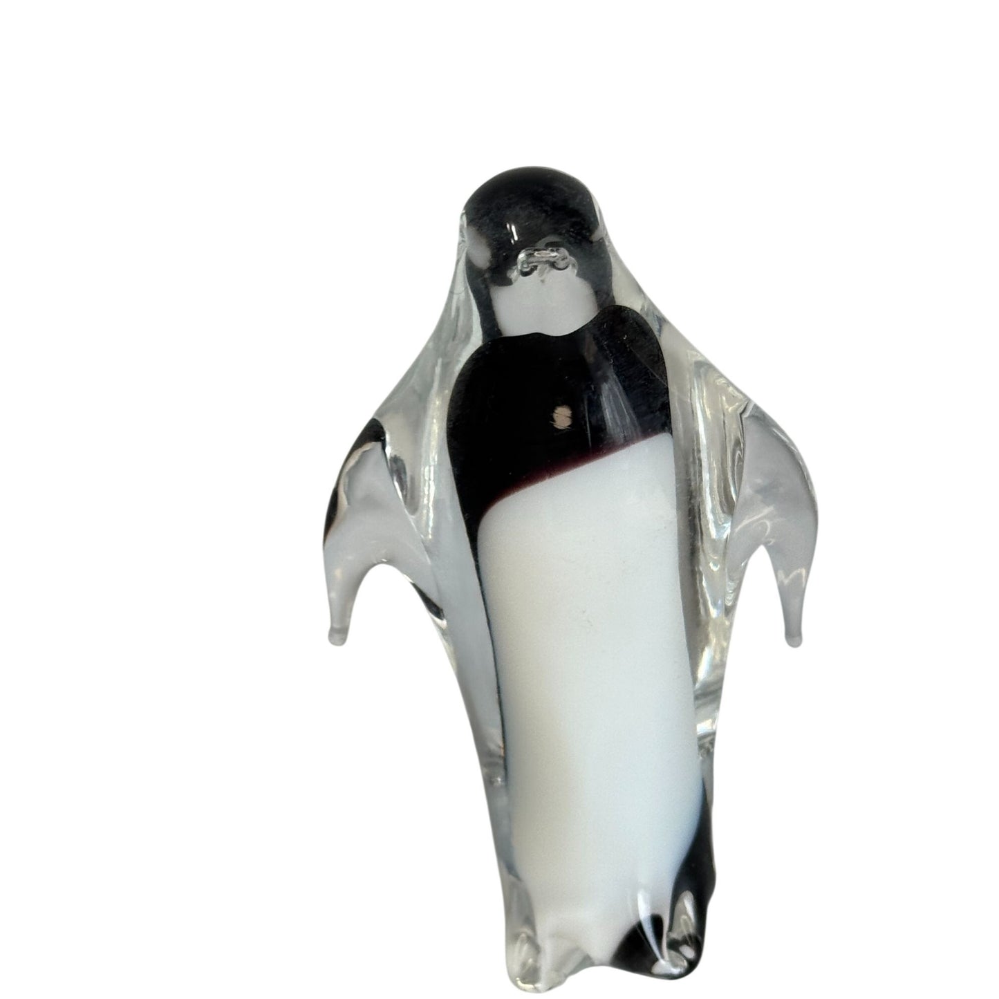 Hand Blown Art Glass Penguin Figurine Clear Encased Black White 4 1/2"