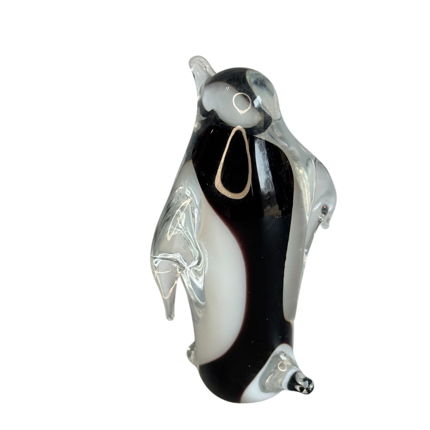 Hand Blown Art Glass Penguin Figurine Clear Encased Black White 4 1/2"