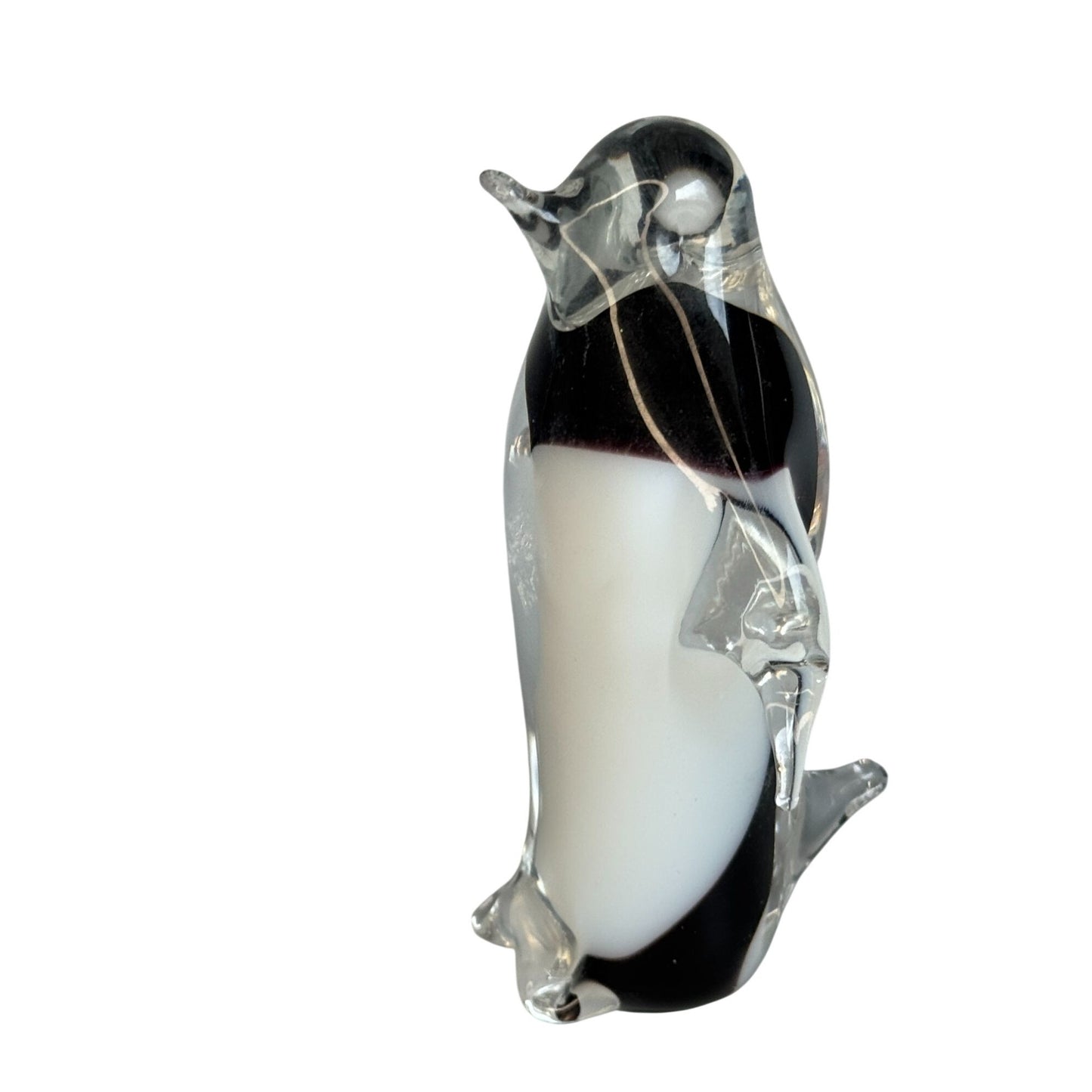Hand Blown Art Glass Penguin Figurine Clear Encased Black White 4 1/2"