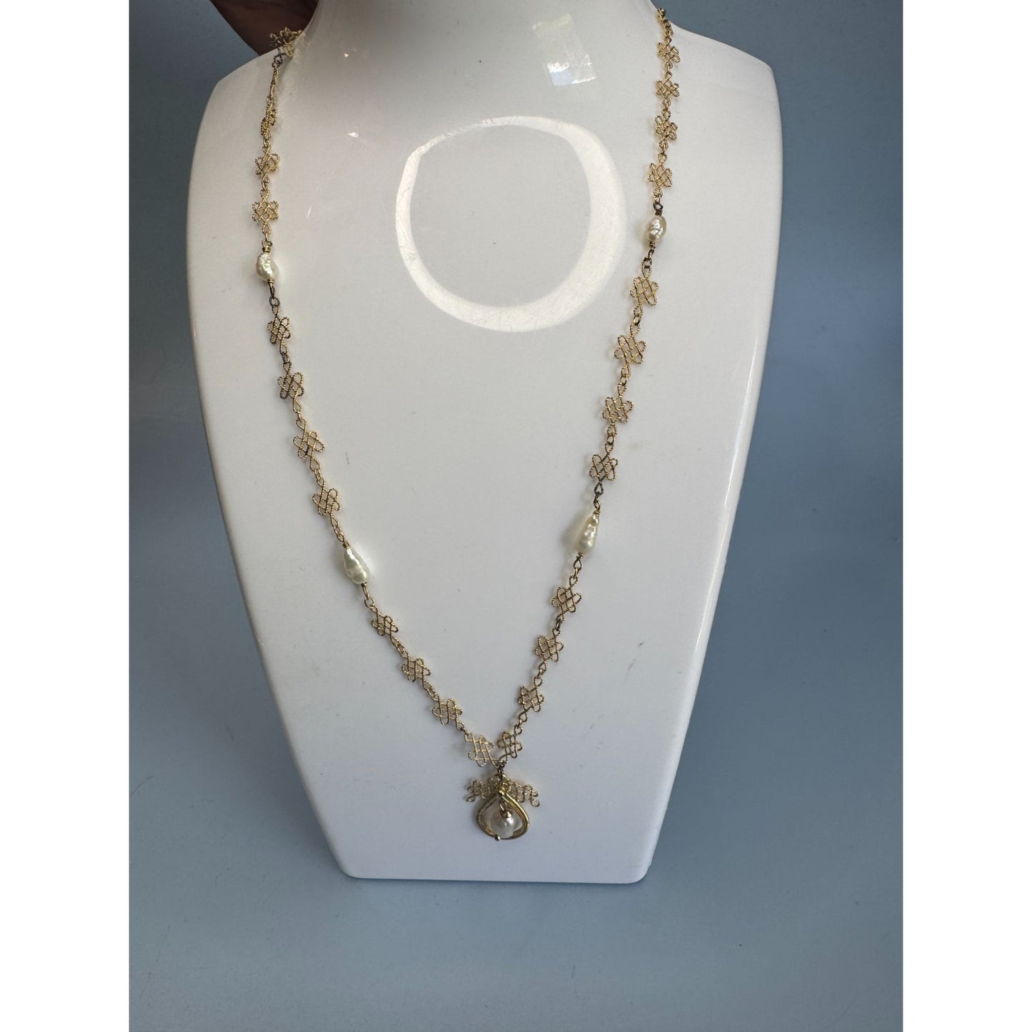 Franklin Mint 22K GEP Sterling Silver Necklace with Baroque Cultured Pearls 17"
