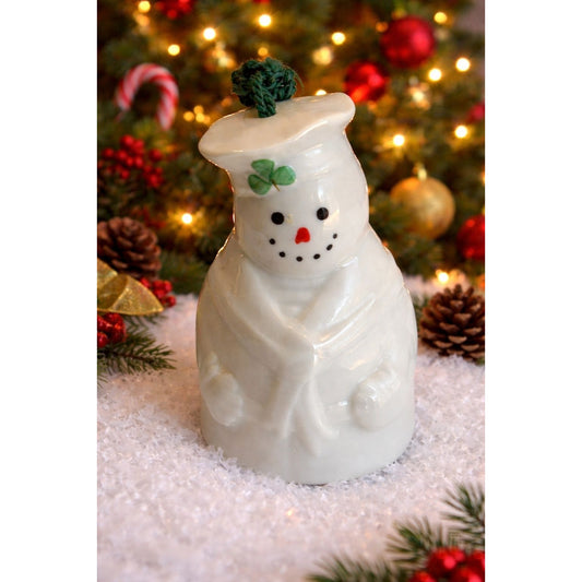 Belleek Snowman Bell Ornament White Porcelain Shamrock Green Cord 4.5" Ireland