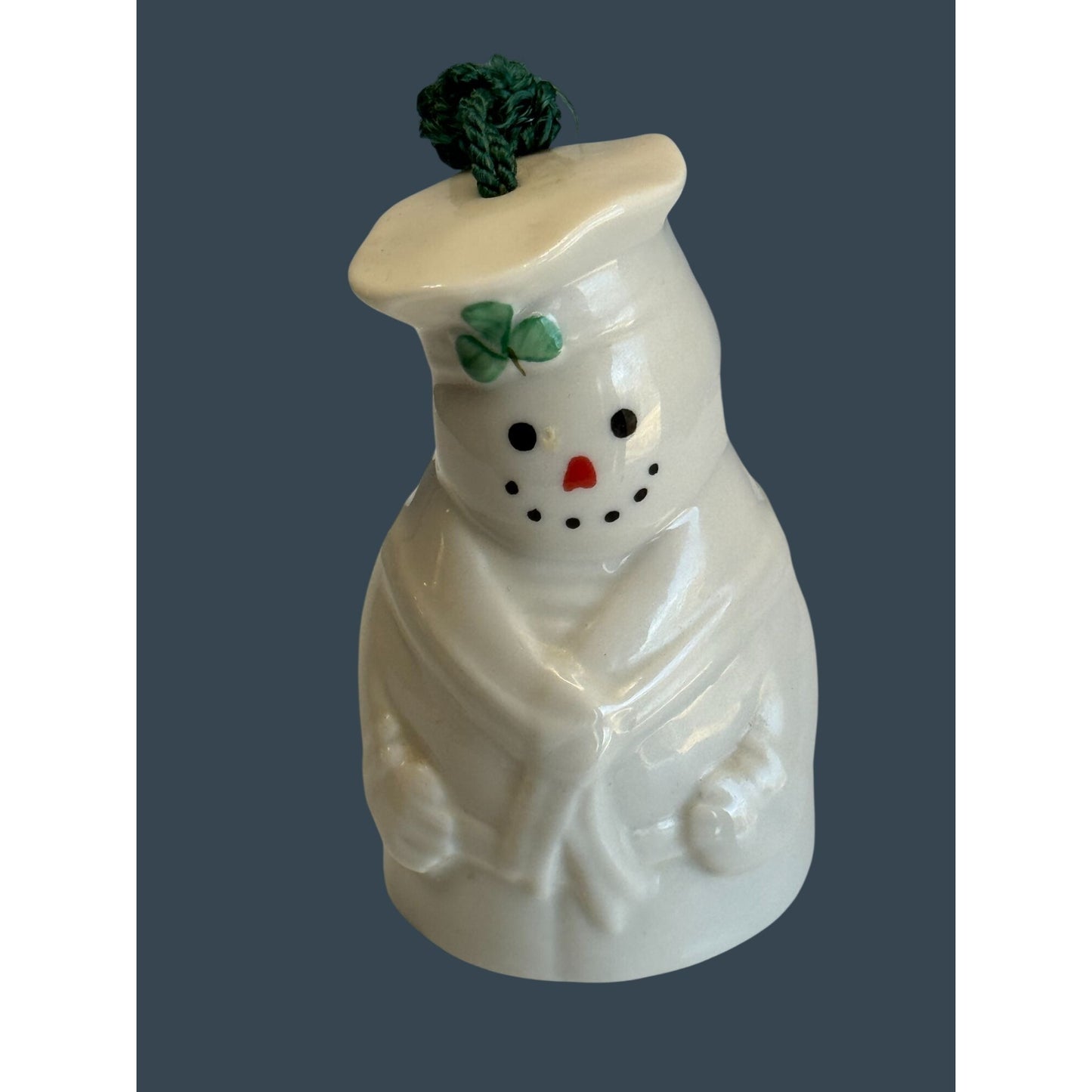 Belleek Snowman Bell Ornament White Porcelain Shamrock Green Cord 4.5" Ireland