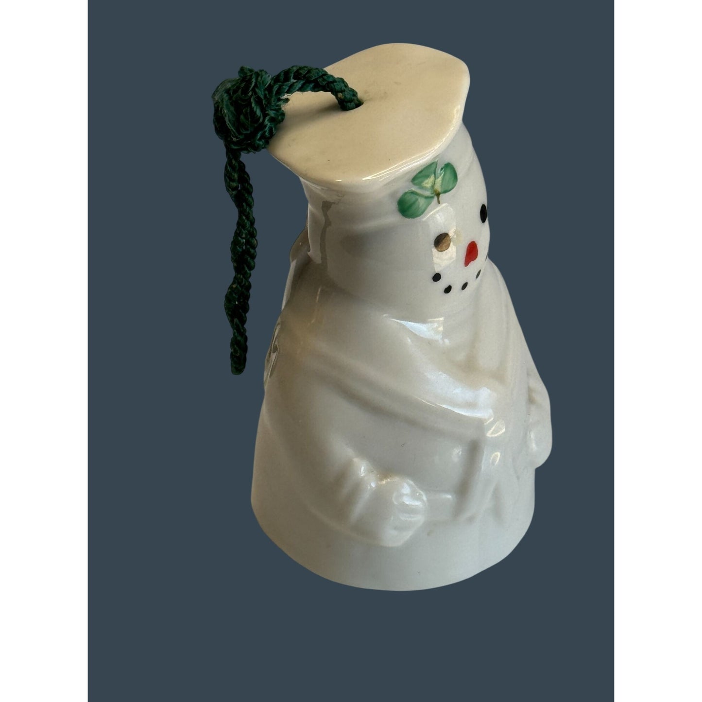 Belleek Snowman Bell Ornament White Porcelain Shamrock Green Cord 4.5" Ireland