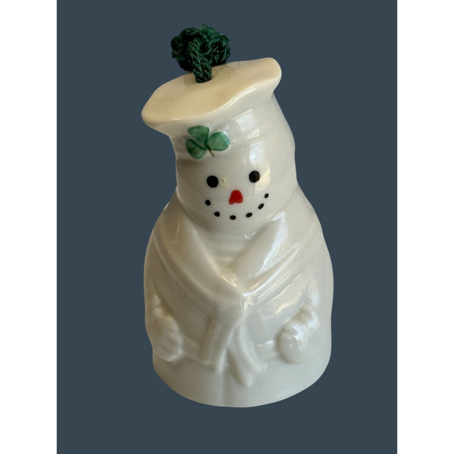 Belleek Snowman Bell Ornament White Porcelain Shamrock Green Cord 4.5" Ireland