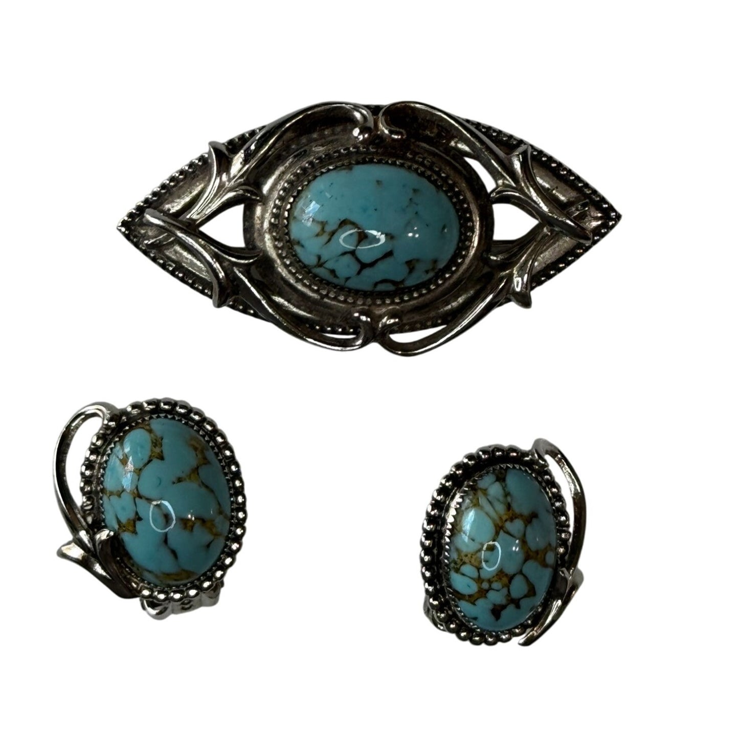 Whiting & Davis Brooch & Earrings Set Faux Turquoise Glass Cabochon Silver-Tone