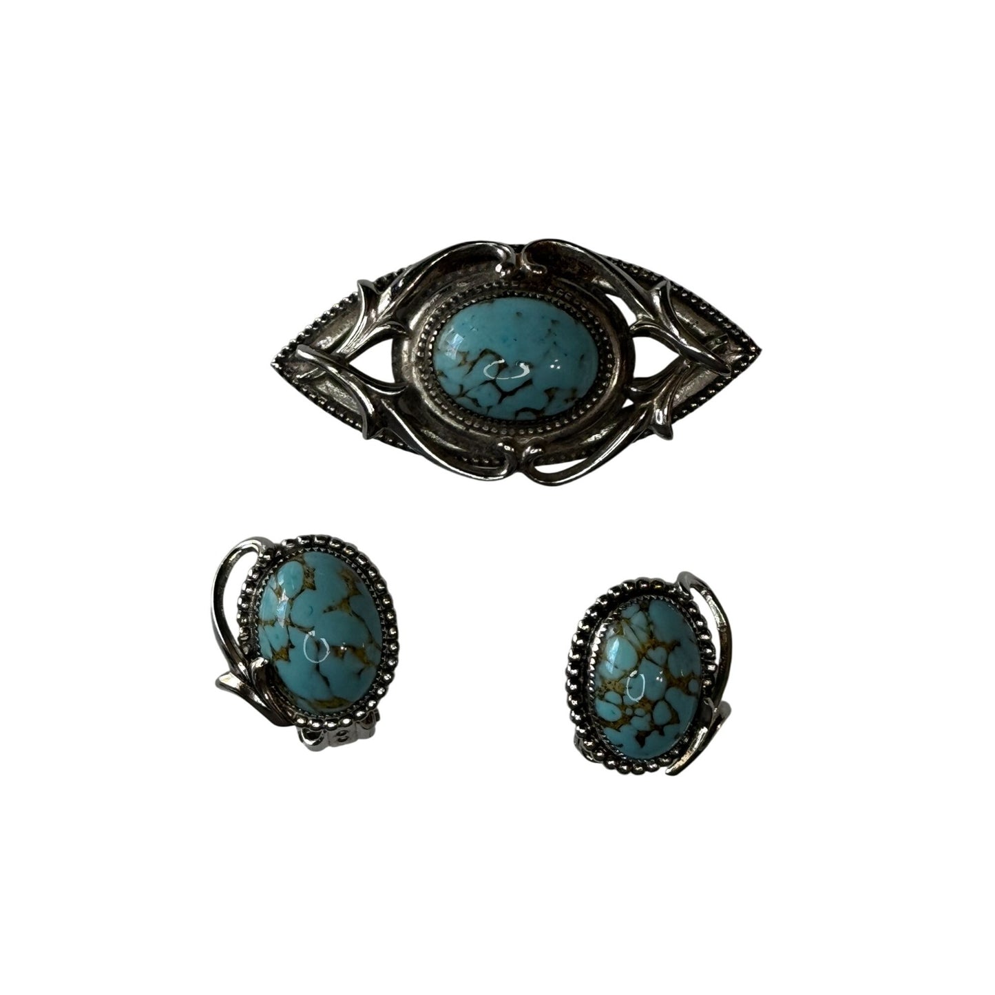Whiting & Davis Brooch & Earrings Set Faux Turquoise Glass Cabochon Silver-Tone