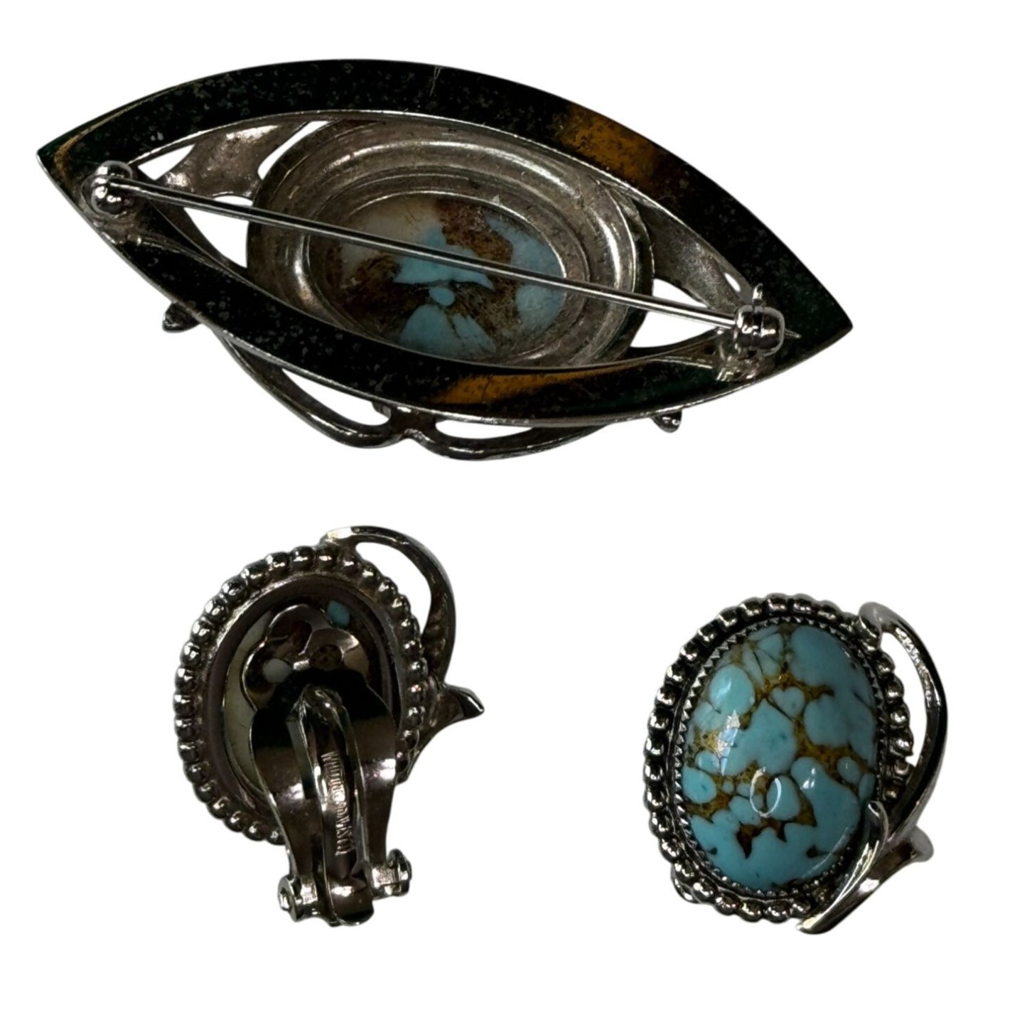 Whiting & Davis Brooch & Earrings Set Faux Turquoise Glass Cabochon Silver-Tone