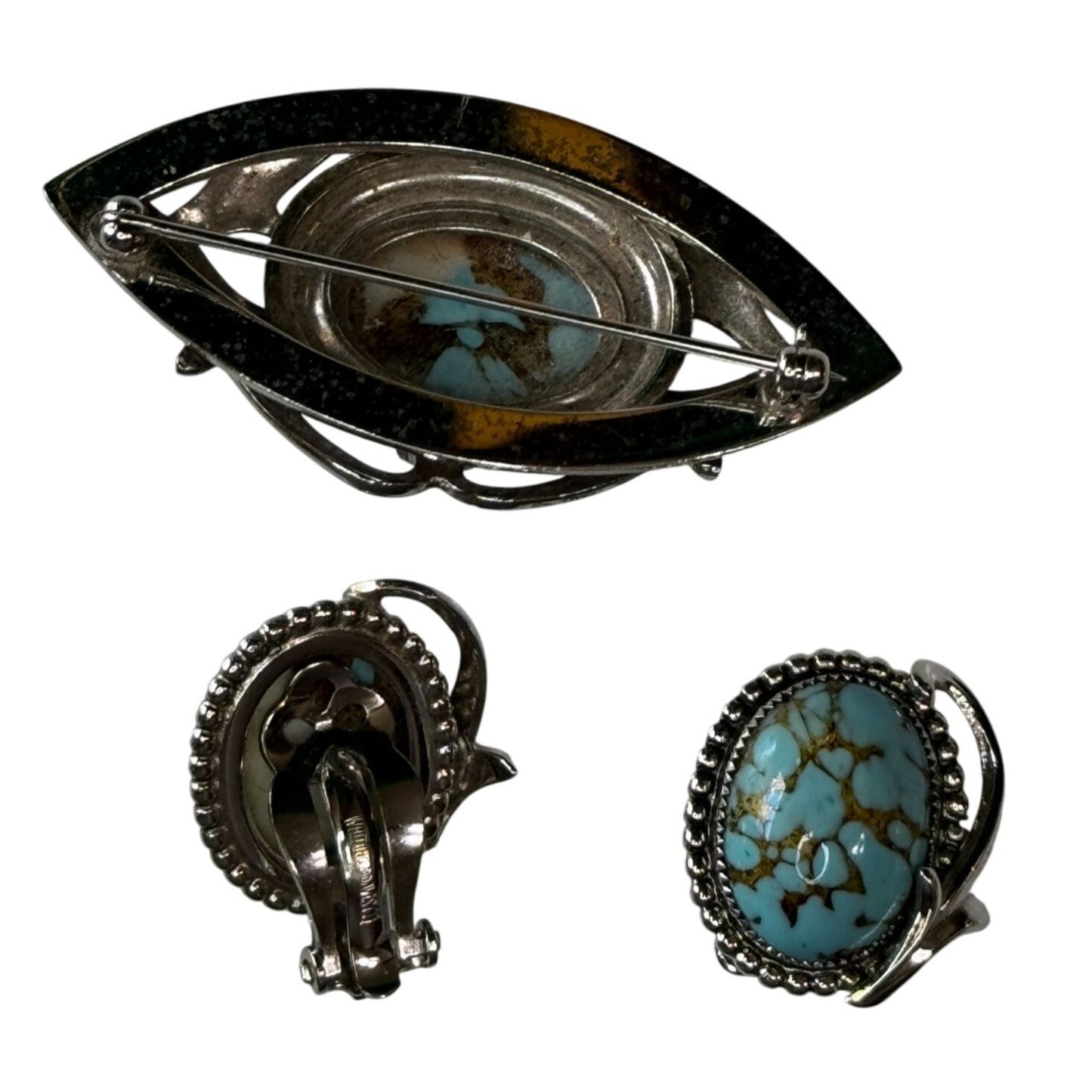 Whiting & Davis Brooch & Earrings Set Faux Turquoise Glass Cabochon Silver-Tone