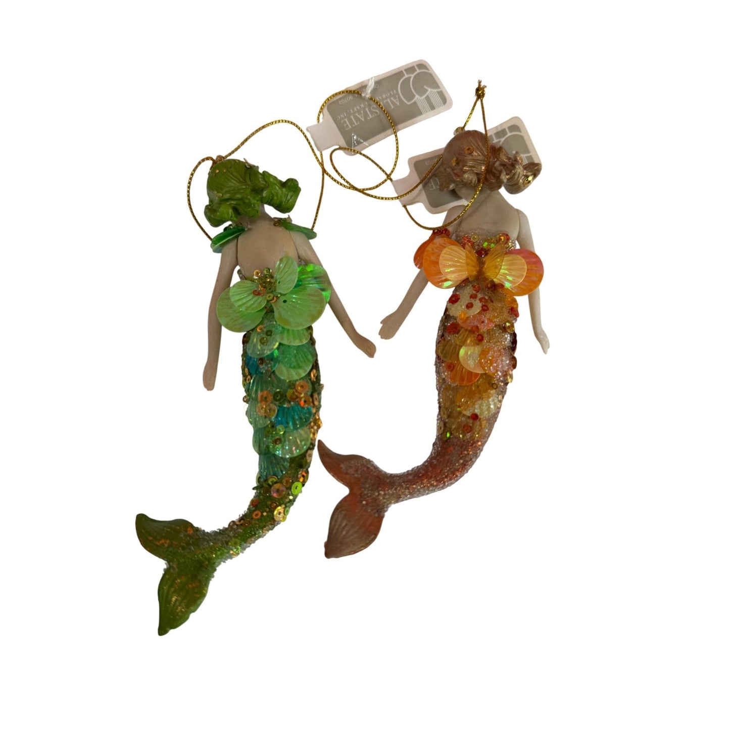 Allstate Mermaid Holiday Ornaments Orange & Green Sequined 6.5 Inch Set Of 2