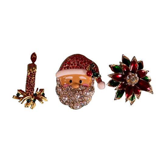 Vintage Santa Candle & Poinsettia Jeweled Christmas Brooch Pin Set Napier Monet