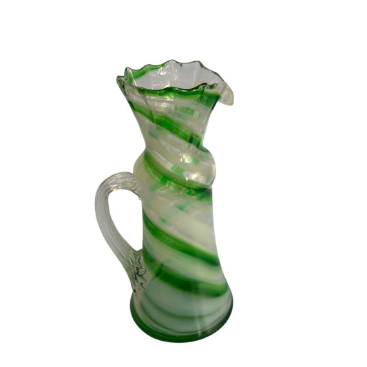 Smith's Old Timer Green & White Swirled Glass Pitcher With Ruffled Rim 8 1/2"