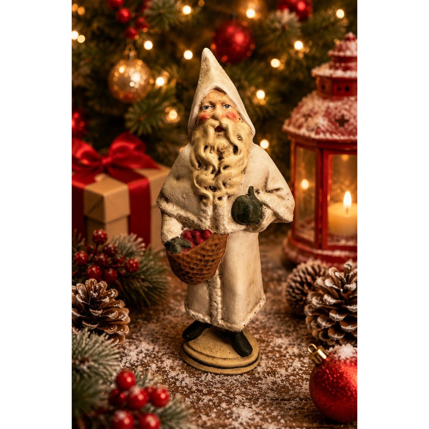 Vintage Walnut Ridge Collectibles Santa Figurine White Robe Basket 1996 9.5"